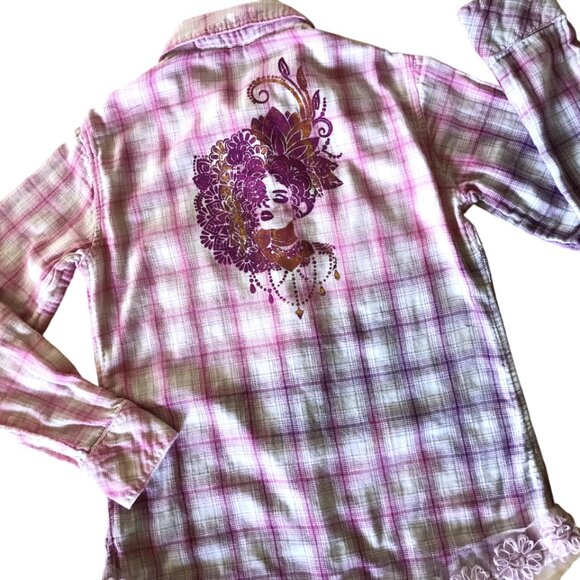 Bleached Flannel Shirt, Size Small Petite: Upcycled Painted Fancy Lady, Lace Hem - Picture 8 of 11